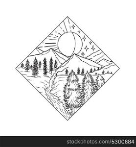 Mono line illustration of Night and Day Sun and Moon stars with mountain river and trees set inside diamond shape on isolated background done in black and white.. Night Day Sun and Moon Monoline