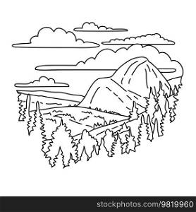 Mono line illustration of Olmsted Point with a view of the northern side of Half Dome and Clouds Rest in Yosemite National Park, California done in black and white monoline line drawing art style. . Olmsted Point with View of Half Dome in Yosemite National Park Monoline Line Art Drawing 