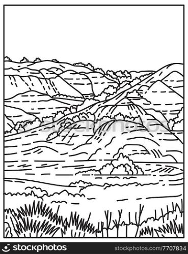 Mono line illustration of the Painted Canyon located in Theodore Roosevelt National Park in western North Dakota, United States of America done in retro black and white monoline line art style.. The Painted Canyon Located in Theodore Roosevelt National Park in Western North Dakota United States Mono Line or Monoline Black and White Line Art