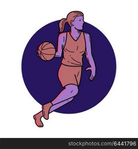 Mono line illustration of woman or female basketball player dribbling ball looking to pass viewed from side set inside circle done in monoline style.. Woman Basketball Player Dribbling Mono Line Art