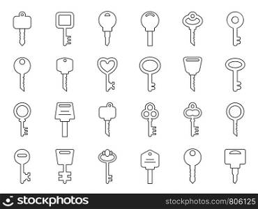 Mono line illustrations of keys for doors. Key icon antique of se for door and security house. Mono line illustrations of keys for doors
