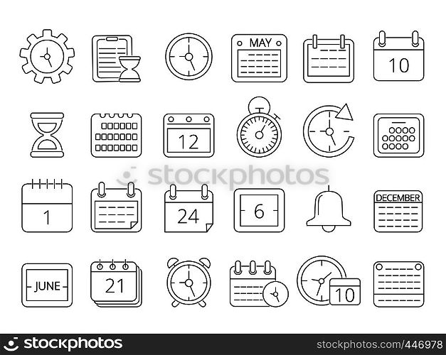Mono line pictures set of time managements symbols. Calendar month and reminder clock alarm, linear time button. Vector illustration. Mono line pictures set of time managements symbols