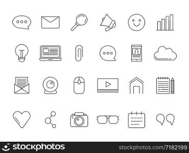 Mono line pictures set of various symbols for broadcasting, blogging and copyrighting. Linear media communication icons, video vlog. Vector illustration. Mono line pictures set of various symbols for broadcasting, blogging and copyrighting