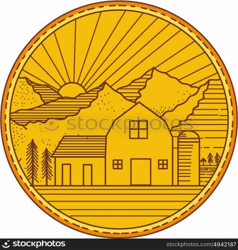 Mono line style iIllustration of an American farm barn house with silo and trees and mountain and sun burst in the background set inside circle. . American Farm Barn House Mountain Circle Mono Line