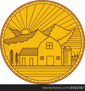 Mono line style iIllustration of an American farm barn house with silo and trees and mountain and sun burst in the background set inside circle. . American Farm Barn House Mountain Circle Mono Line