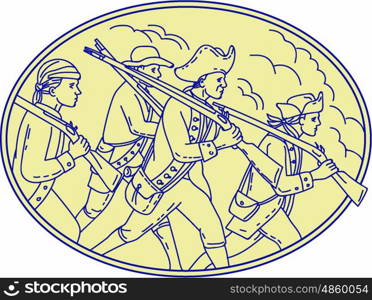 Mono line style illustration of a american revolutionary soldiers servicemen holding rifle on their shoulders marching viewed from the side set inside oval shape. . American Revolutionary Soldiers Marching Oval Mono Line