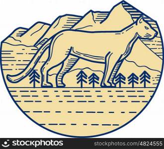 Mono line style illustration of a cougar mountain lion viewed from the side set inside half circle with mountain and trees in the background. . Cougar Mountain Lion Tree Mono Line