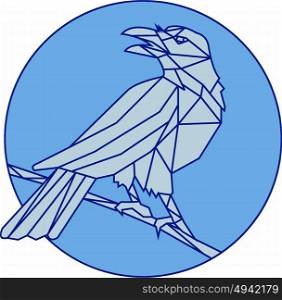 Mono line style illustration of a crow bird perched on a piece of wood looking to the side set inside cirlce on isolated background. . Crow Perching Looking Side Circle Mono Line