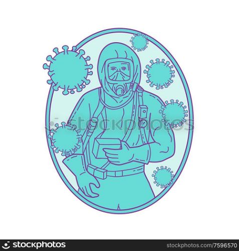 Mono line style illustration of a doctor or medical worker wearing protective or haz chem suit with coronavirus cell floating set inside oval shape on isolated background. . Doctor Wearing Protective Suite With Coronavirus Mono Line