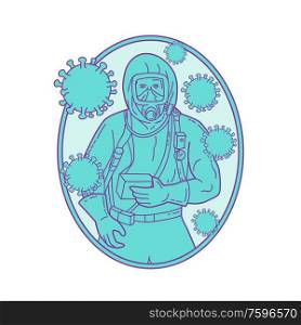Mono line style illustration of a doctor or medical worker wearing protective or haz chem suit with coronavirus cell floating set inside oval shape on isolated background. . Doctor Wearing Protective Suite With Coronavirus Mono Line