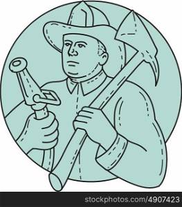 Mono line style illustration of a fireman fire fighter emergency worker looking to the side holding fire hose in one hand and fire axe on the other hand resting on shoulder set inside circle on isolated background. . Fireman Firefighter Axe Hose Circle Mono Line