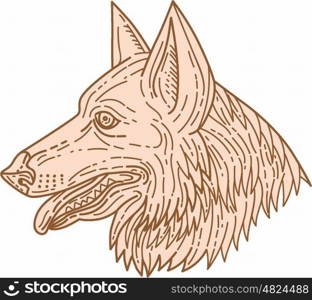 Mono line style illustration of a german shepherd dog head with tongue out viewed from the side set on isolated white background.