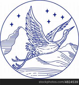 Mono line style illustration of a great blue heron flying viewed from the side set inside circle with stars and mountain in the background. . Great Blue Heron Flying Circle Mono Line
