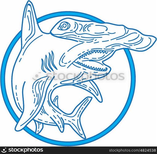 Mono line style illustration of a hammerhead shark set inside circle on isolated white background. . Hammerhead Shark Circle Mono Line
