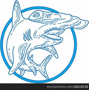 Mono line style illustration of a hammerhead shark set inside circle on isolated white background. . Hammerhead Shark Circle Mono Line