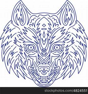 Mono line style illustration of a head of a grey wolf viewed from the front set on isolated white background. . Grey Wolf Head Mono Line