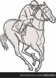 Mono line style illustration of a jockey riding a thoroughbred horse racing set on isolated white background. . Jockey Riding Thoroughbred Horse Mono Line