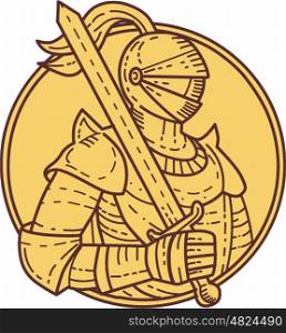 Mono line style illustration of a knight wearing armor and helmet holding sword on shoulder viewed from the side set inside circle on isolated background.