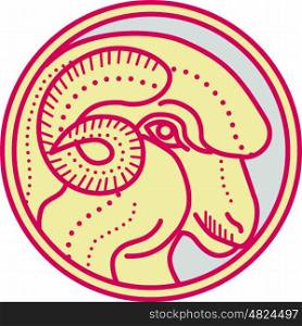 Mono line style illustration of a merino ram sheep head viewed from the side set inside circle on isolated background. . Merino Ram Sheep Head Circle Mono Line