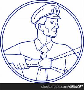 Mono line style illustration of a policeman security guard police officer holding flashlight torch looking to the side viewed from front set inside circle on isolated background. . Security Guard Flashlight Circle Mono Line
