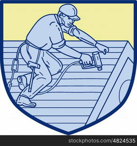 Mono line style illustration of a roofer construction worker wearing hat working on roof with hand drill viewed from the side set inside shield crest. . Roofer Working On Roof Shield Mono Line