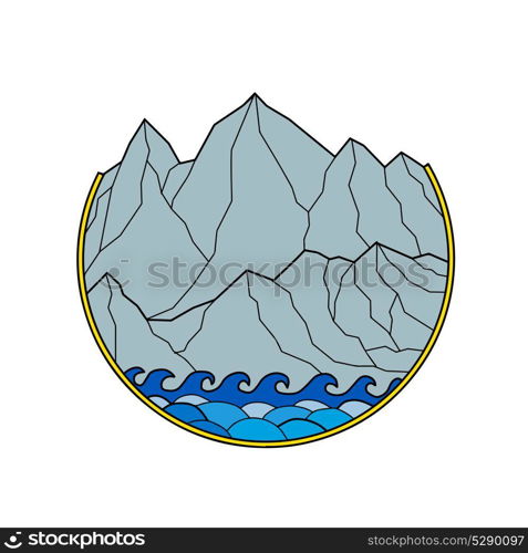 Mono line style illustration of a Rugged Mountain Range with sea Waves breaking on shore set inside Circle on isolated background.. Rugged Mountain Range Waves Circle Monoline