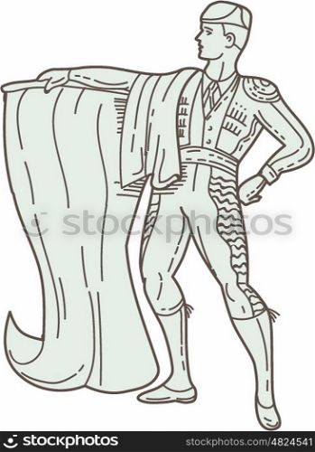 Mono line style illustration of a spanish matador holding cape looking to the side viewed from front set on isolated white background. . Spanish Matador Cape Standing Mono Line