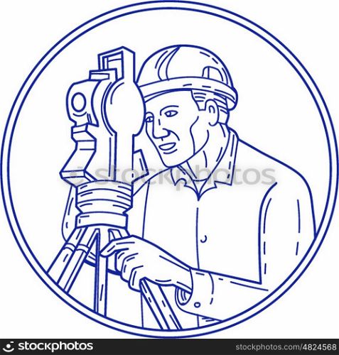 Mono line style illustration of a surveyor geodetic engineer with theodolite instrument surveying viewed from side set inside circle on isolated background. . Surveyor Theodolite Circle Mono Line