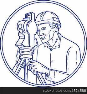 Mono line style illustration of a surveyor geodetic engineer with theodolite instrument surveying viewed from side set inside circle on isolated background. . Surveyor Theodolite Circle Mono Line