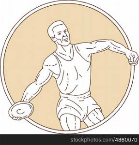 Mono line style illustration of a track and field discus thrower athlete throwing viewed from front set inside circle on isolated background.