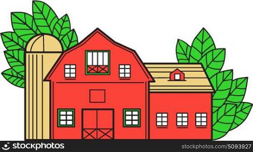 Mono line style illustration of a vintage american barn with leaves in the background set on isolated white background. . Vintage American Barn Leaves Mono Line