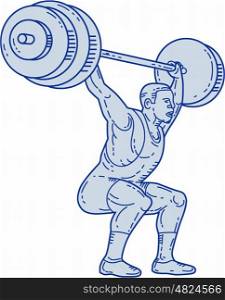 Mono line style illustration of a weightlifter lifting barbell weights with both hands set on isolated white background. . Weightlifter Lifting Barbell Mono Line