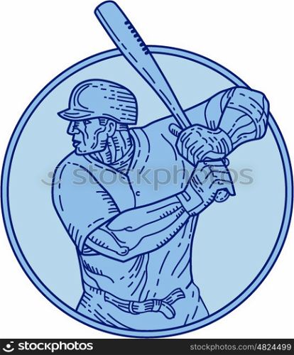Mono line style illustration of an american baseball player batter hitter holding bat batting viewed from the side set inside circle on isolated background.. Baseball Player Batter Batting Circle Mono Line