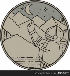 Mono line style illustration of an astronaut pointing at moon and stars with mountain in the background set inside circle. . Astronaut Moon Stars Circle Mono Line