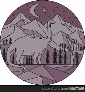 Mono line style illustration of an astronaut pointing to a brontosaurus with mountain, moon and stars in the background set inside circle. . Astronaut Brontosaurus Mountain Moon Circle Mono Line