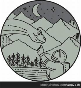 Mono line style illustration of an astronaut touching brontosaurus dinosaur head set inside circle with mountain, moon, stars and trees in the background. . Astronaut Touching Brontosaurus Circle Mono Line