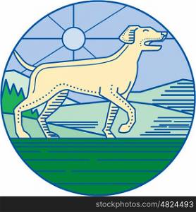 Mono line style illustration of an english pointer dog in a pointer stance with head up tail out and one foot slightly raised with grass, trees and mountain in the background viewed from the side set inside circle.