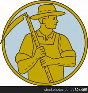 Mono line style illustration of an organic farmer farm worker holding scythe looking to the side set inside circle on isolated background.. Organic Farmer Scythe Looking Side Circle Mono Line