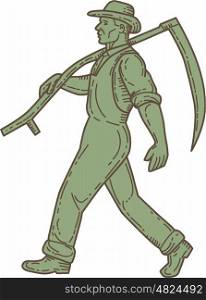 Mono line style illustration of an organic farmer farm worker holding scythe on shoulder walking viewed from the side set on isolated white background. . Organic Farmer Scythe Walking Mono Line