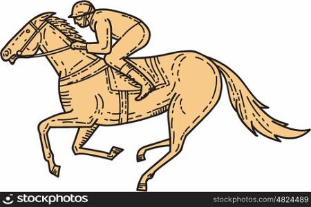 Mono line style illustration of horse and jockey racing viewed from the side set on isolated white background. . Jockey Horse Racing Side Mono Line