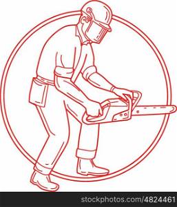 Mono line style illustration of lumberjack arborist tree surgeon wearing helmet protective gear holding operating a chainsaw viewed from the side set inside circle on isolated background. . Lumberjack Arborist Chainsaw Circle Mono Line