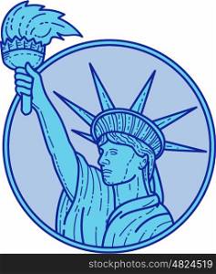 Mono line style illustration of statue of liberty holding up a flaming torch viewed from the side set inside circle on isolated background. . Statue of Liberty Flaming Torch Circle Mono Line