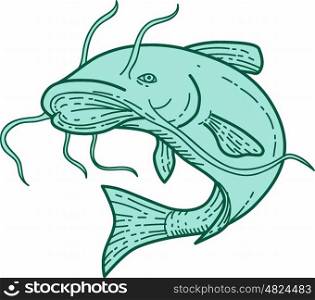Mono line stylle illustration of a ray-finned fish catfish also known as mud cat, polliwogs or chucklehead jumping up set on isolated white background.