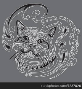Monochrome abstract doodle ornamental portrait of british cat. Decorative vector illustration in white and black colors isolated on grey background. Stock illustration for design and tattoo.