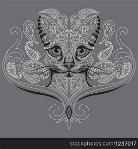 Monochrome abstract doodle ornamental portrait of cat. Decorative vector illustration in white and black colors isolated on grey background. Stock illustration for design and tattoo.
