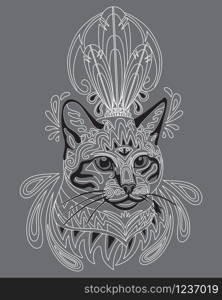 Monochrome abstract doodle ornamental portrait of cat. Decorative vector illustration in white and black colors isolated on grey background. Stock illustration for design and tattoo.