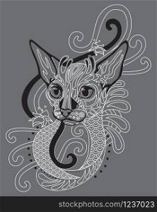 Monochrome abstract doodle ornamental portrait of Cornish Rex cat. Decorative vector illustration in white and black colors isolated on grey background. Stock illustration for design and tattoo.