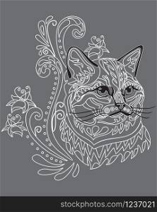 Monochrome abstract doodle ornamental portrait of fluffy cat. Decorative vector illustration in white and black colors isolated on grey background. Stock illustration for design and tattoo.