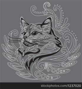 Monochrome abstract doodle ornamental portrait of ragdoll cat. Decorative vector illustration in white and black colors isolated on grey background. Stock illustration for design and tattoo.
