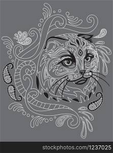 Monochrome abstract doodle ornamental portrait of Scotish fold cat. Decorative vector illustration in white and black colors isolated on grey background. Stock illustration for design and tattoo.